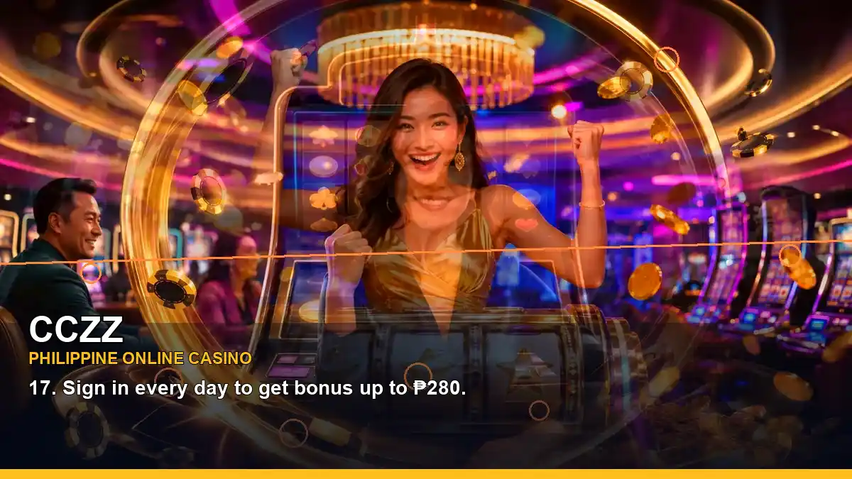 A CCZZ Philippine casino guide featuring cashback rewards and an adult Philippine casino host in a centred layout.