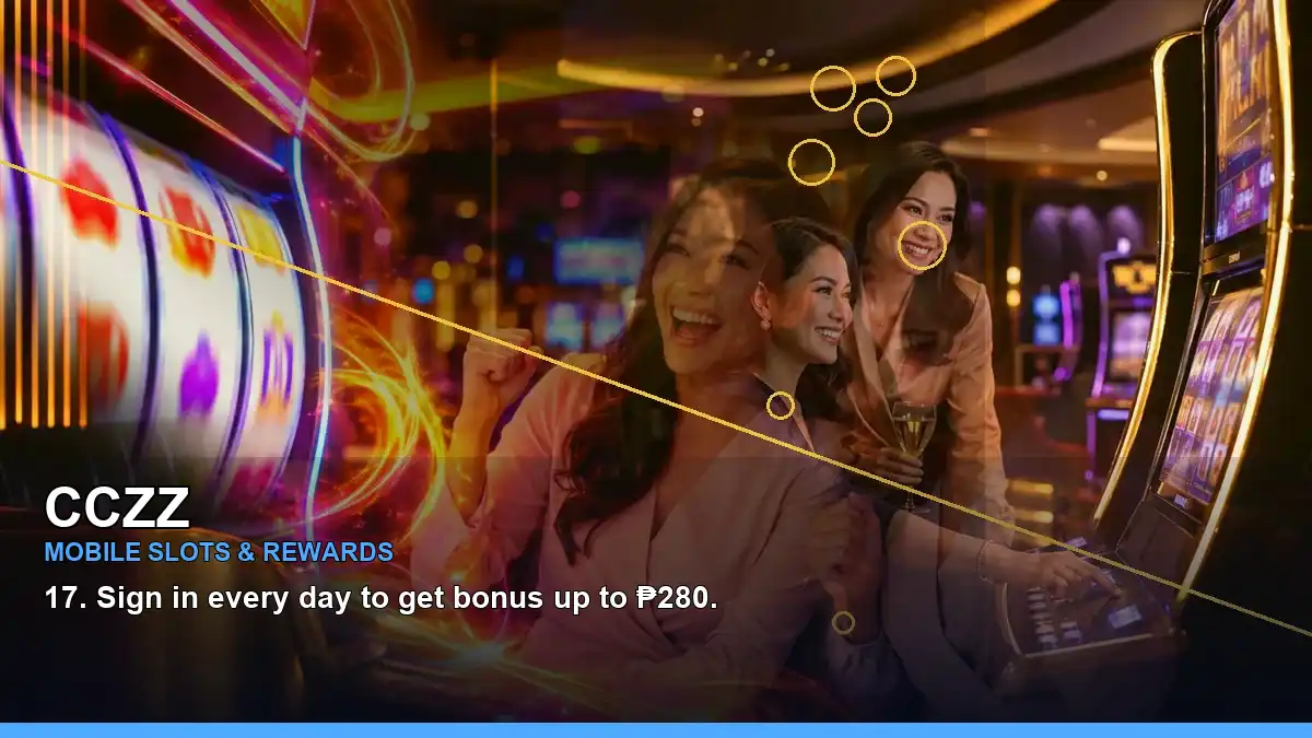 Philippine casino guide featuring panoramic reels, coin-style visuals, cashback information, and an adult Filipina host